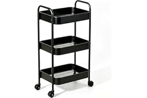 Black 3-Tier Rolling Cart with Wheels, Multifunction Utility Storage Carts, Kitchen Storage Organizer, Mobile Shelving Unit f