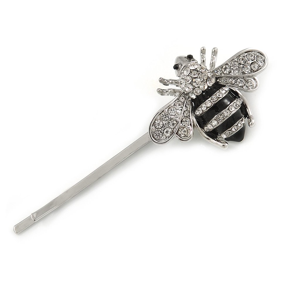 Cute Crystal Bee Hair Grip/Slide In Silver Tone Metal - 55mm Across