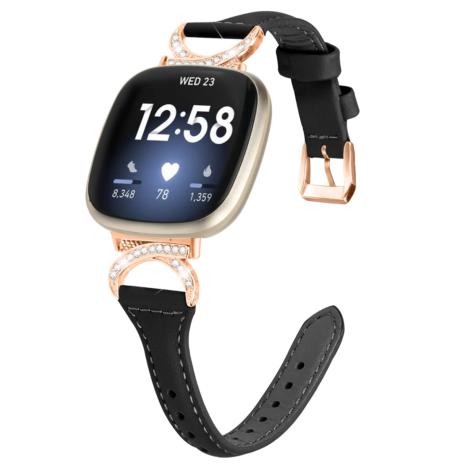 Gimuk Leather Strap Compatible with Fitbit Versa 4/Sense 2, Women's Genuine Leather Sport Band Metal Bling Rhinestone Replacement Wristband for Fitbit Versa 3/Sense (Black/Rose Gold)