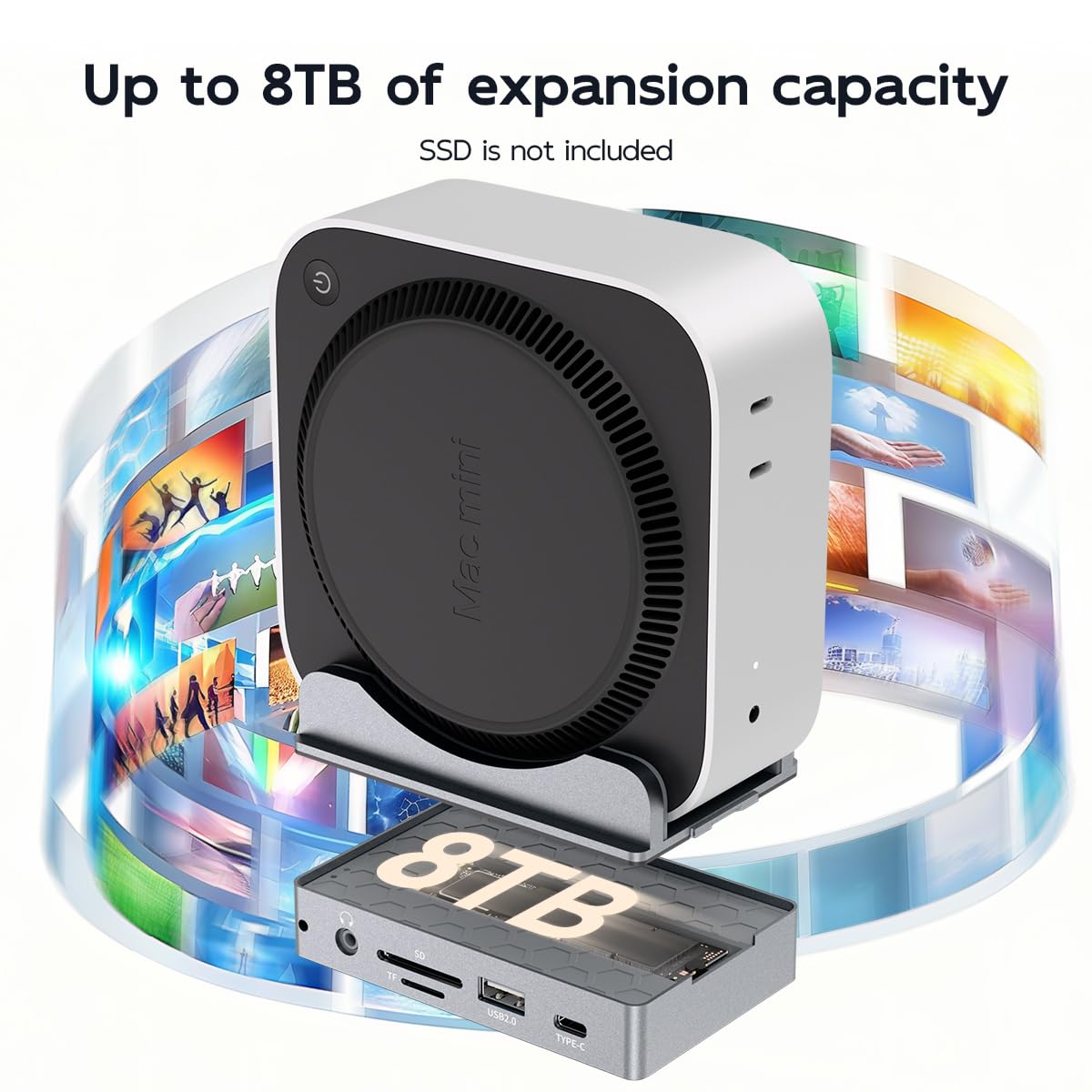 MAIWO Mac mini M4 Dock & Stand with SATA NVMe Enclosure, Mac mini M4 Pro Hub with 2xUSBA 3.1, 1xUSBA 2.0, USB C Data Port Up to 10Gbps, RJ45 Gigabit Network Port, HD 4K Port, SD/TF Slot