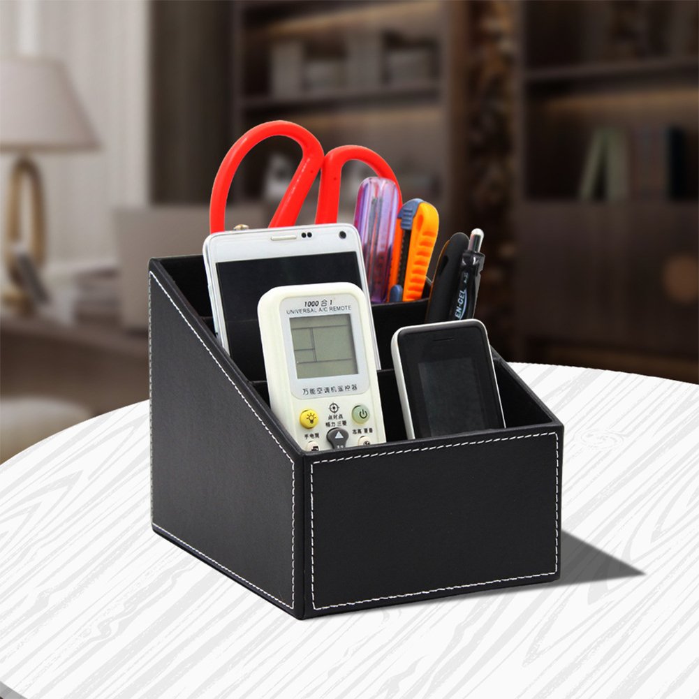 Leather Remote Control Holder Stand Tidy Desk Organiser Desktop Storage Box Case Multifunction Pen Holder Business Cards Holder 3 Compartments for Mobile Phone Makeup Brushes Cosmetics Storage