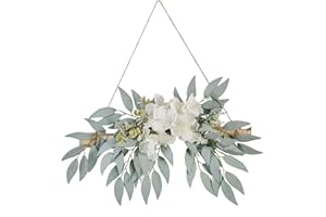 HOVEYY Artificial Flower Swag, 11.8in Eucalyptus Swags with White Flowers Handmade Greenery Hanging Decoration Swag for Wedding Arch Home Decor, Green, 210320XU03-7852-1500036402