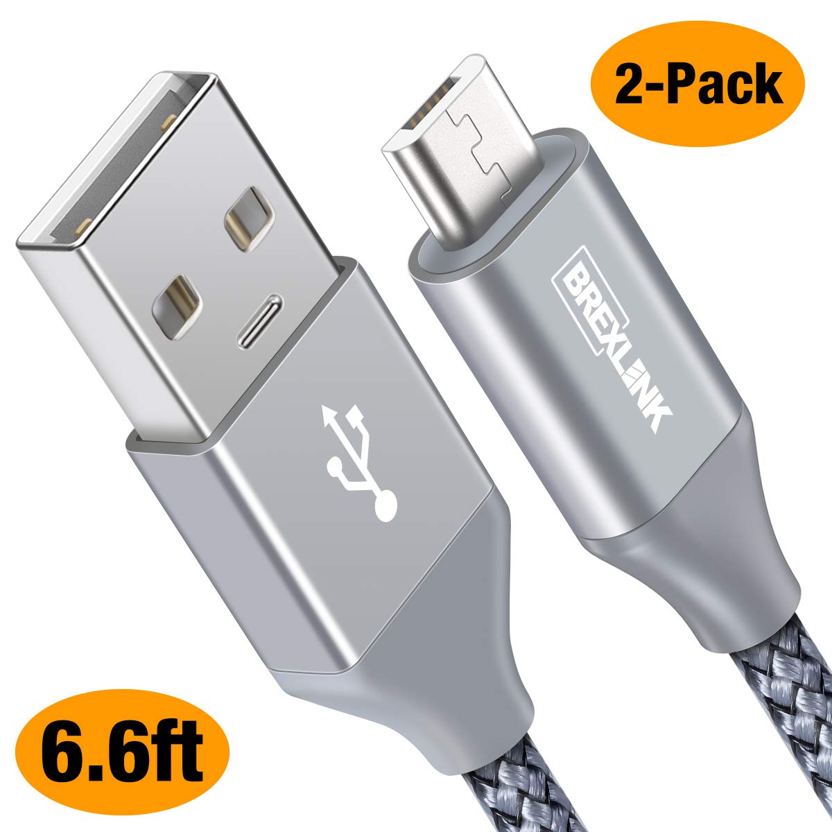 BrexLink Micro USB Cable Android, Micro USB to USB 2.0 Cable (2-Pack,6.6Ft) Nylon Braided Sync and Fast Charging Cable for Samsung, Kindle, Android Smartphones, Galaxy S7 Edge, Moto G5, PS4 (Grey)