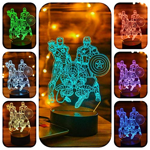 Serkyhome 3D Night Lights for Kids 7 Colors 3D LED Illusion Lamp with Remote Control-Bedroom Table Lamp-Spiderman-Captain America-Ironman(Marvel Heroes)