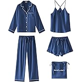 SAPJON Satin Silk Pajamas for Women Set 5PCS Classic Button Down Pajamas Top and Pants Cami and Ruffle Shorts Sleepwear