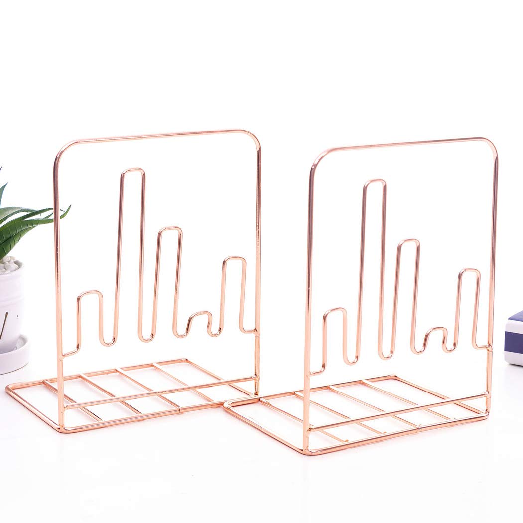 SIPLIV Creative Minimalist Style Bookends Metal Adjustable Books Holder Stand Book Rack Desk Bookend - Heartbeat, Rose Gold