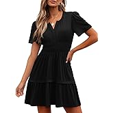 LUXVEER Womens Summer Mini Dress Casual Short Sleeve V Neck Smocked Waist Sundress Flowy Tiered Short Beach Vacation Dresses