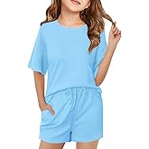 Haloumoning Girls Summer 2 Piece Outfits Kids Oversized T Shirts and Shorts Clothing Sets 5-14 Years