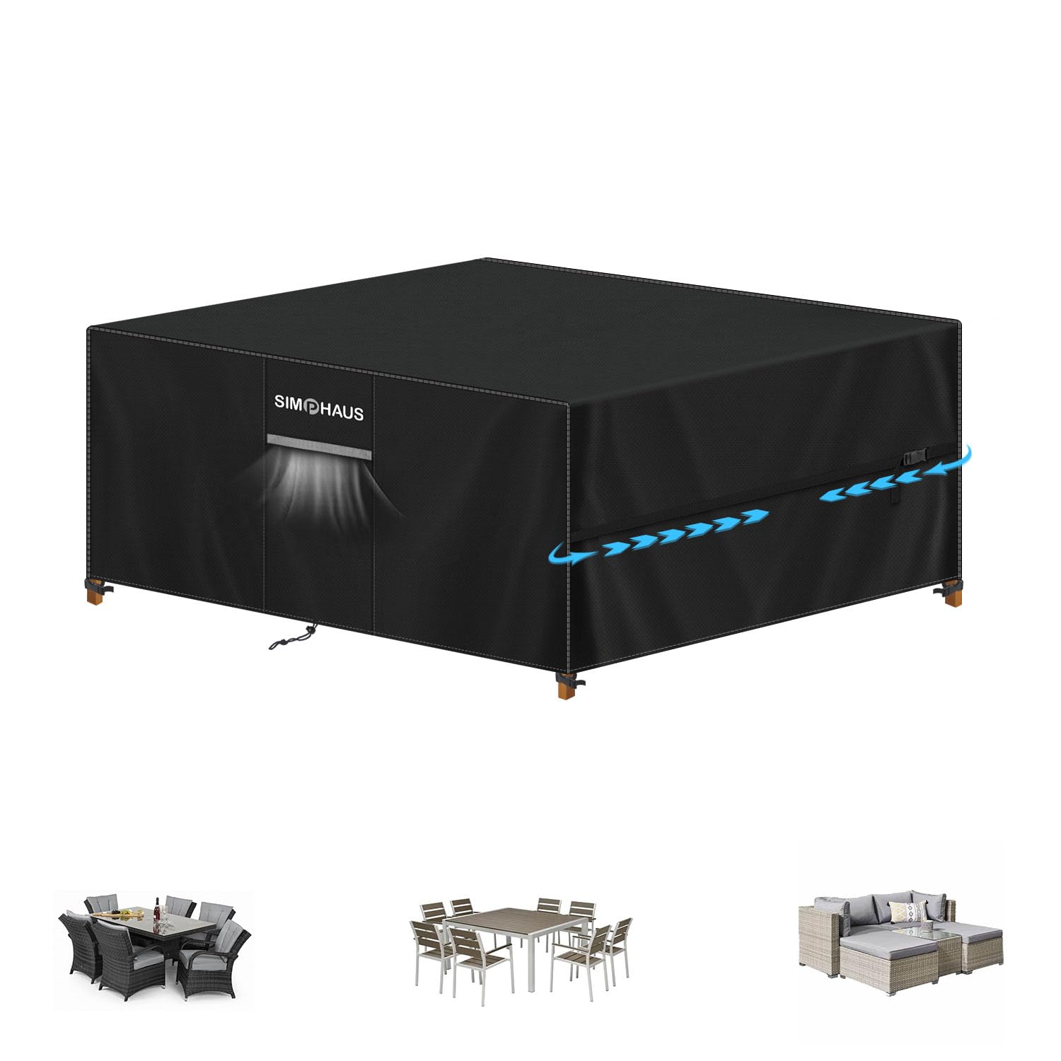 SIMPHAUS Waterproof Garden Furniture Cover 420D Oxford Fabric Large Outdoor Cover with Air Vent for Rattan Table Set, Anti-UV, Rainproof, Covers for Patio Furniture 170x140x74cm