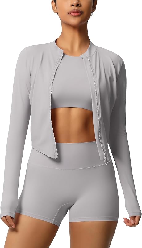 Sport-Set Damen 3-teilig mit Sportjacke: Gym Set Laufjacke + kurz Leggings + Kurzarm Tank Top mit BH - Sportkleidung für Sport, Fitness, Yoga und Pilates hellgrau L