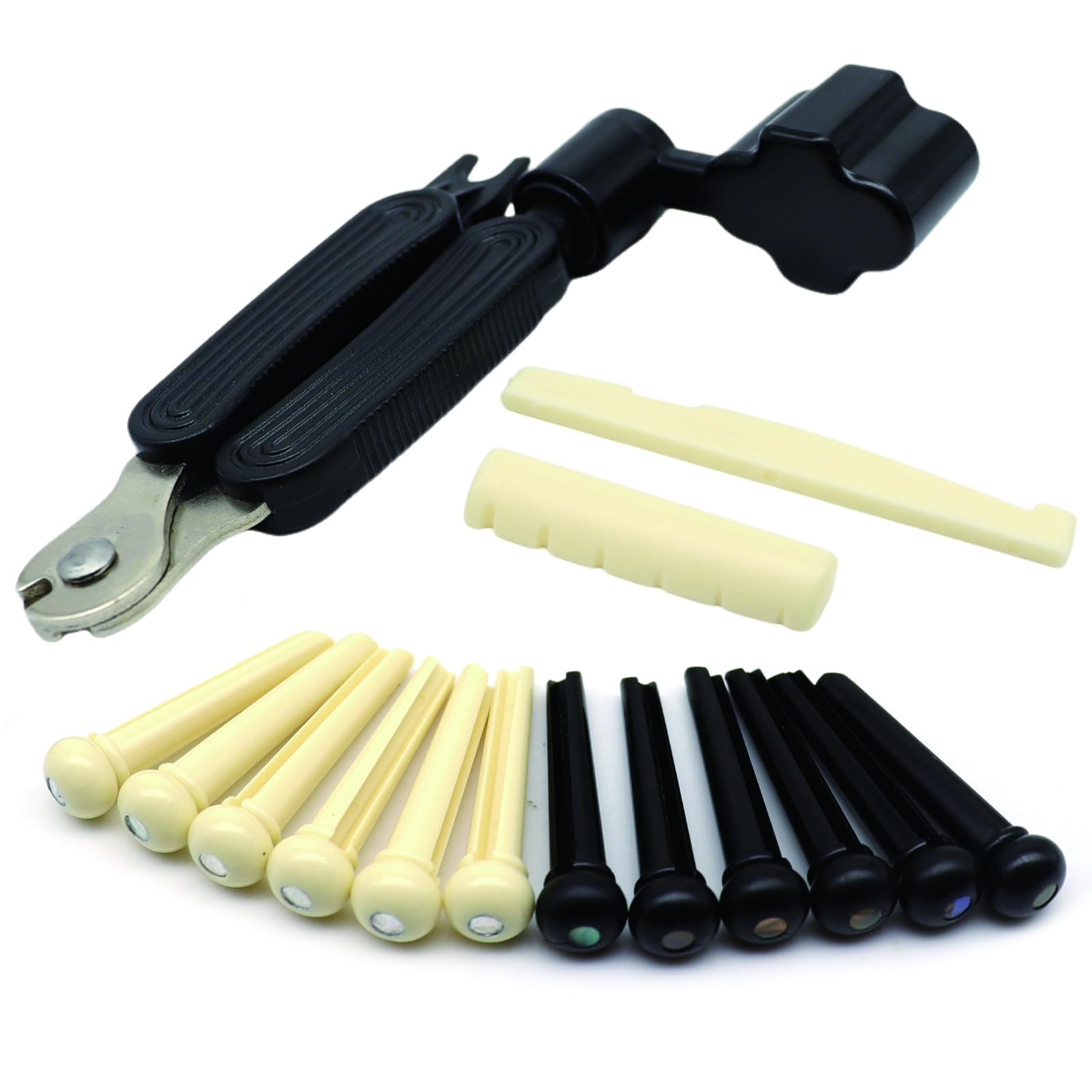 Photo 1 of 14Pcs Acoustic Guitar Bridge Pins & Guitar Bridge Saddle Nut Set, Acoustic Guitar Accessories Replacement Parts with Guitar String Winder, Cutter, Bridge Pin Puller - 3-in-1 Tool Kits(Ivory+Black)