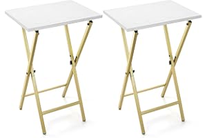 ACOVY TV Tray Table Set of 2, TV Dinner Tray, Folding Table, Foldable TV Trays, Side Table for Bed, Couch, Portable and Small Easy to Move, White with Gold Frame