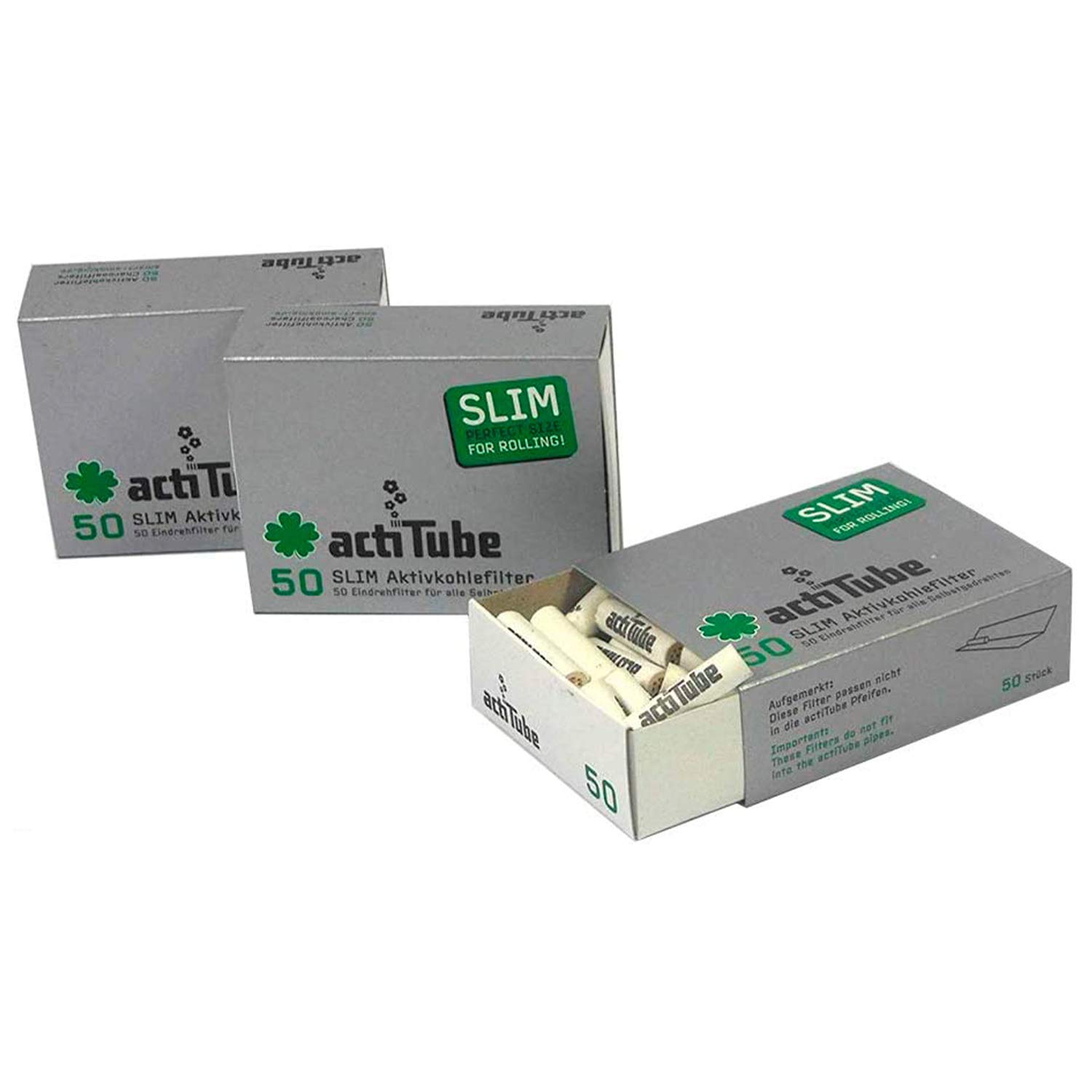 150 actiTube Slim Activated Charcoal Filters (3 boxes of 50) Display 7mm roll-up filters in actiTube tune activated charcoal filter tips.
