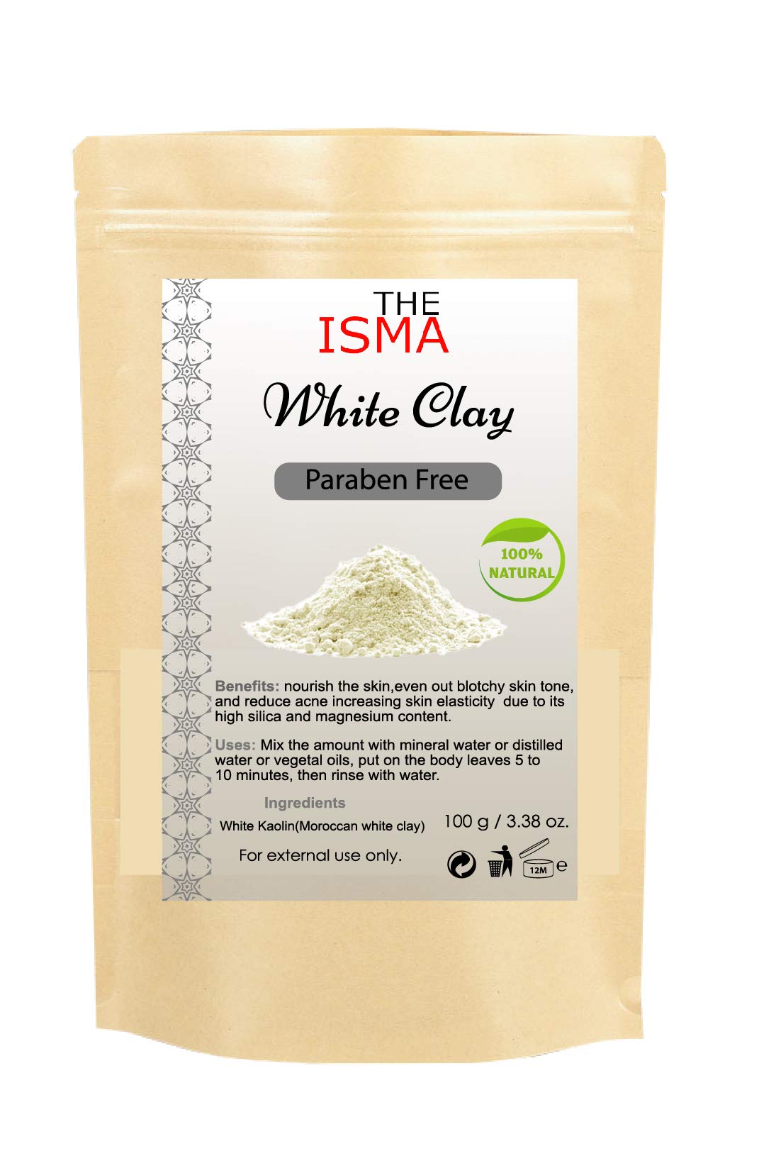 THE ISMA Moroccan Clay Powder for Face & Hair Mask | Ghassoul Clay, Green Clay, Red Clay & White Clay | Natural Cleansing Clay for Facial Mask, Hair Mask & Skin Care (100g, White Clay)