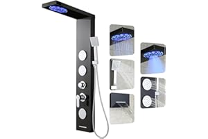 ROVOGO Shower Panel Tower System with Led Lights, 2-Mode Shower Head, 3 Body Jets, Handheld and Tub Spout, 46.5" H x 7.8" W Stainless Steel Shower Column with Mixer Valve, Black
