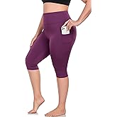 MEJING Plus Size Leggings with Pockets Knee Length, L-5XL Capri Yoga Pants High Waisted, Tummy Control Workout Leggings