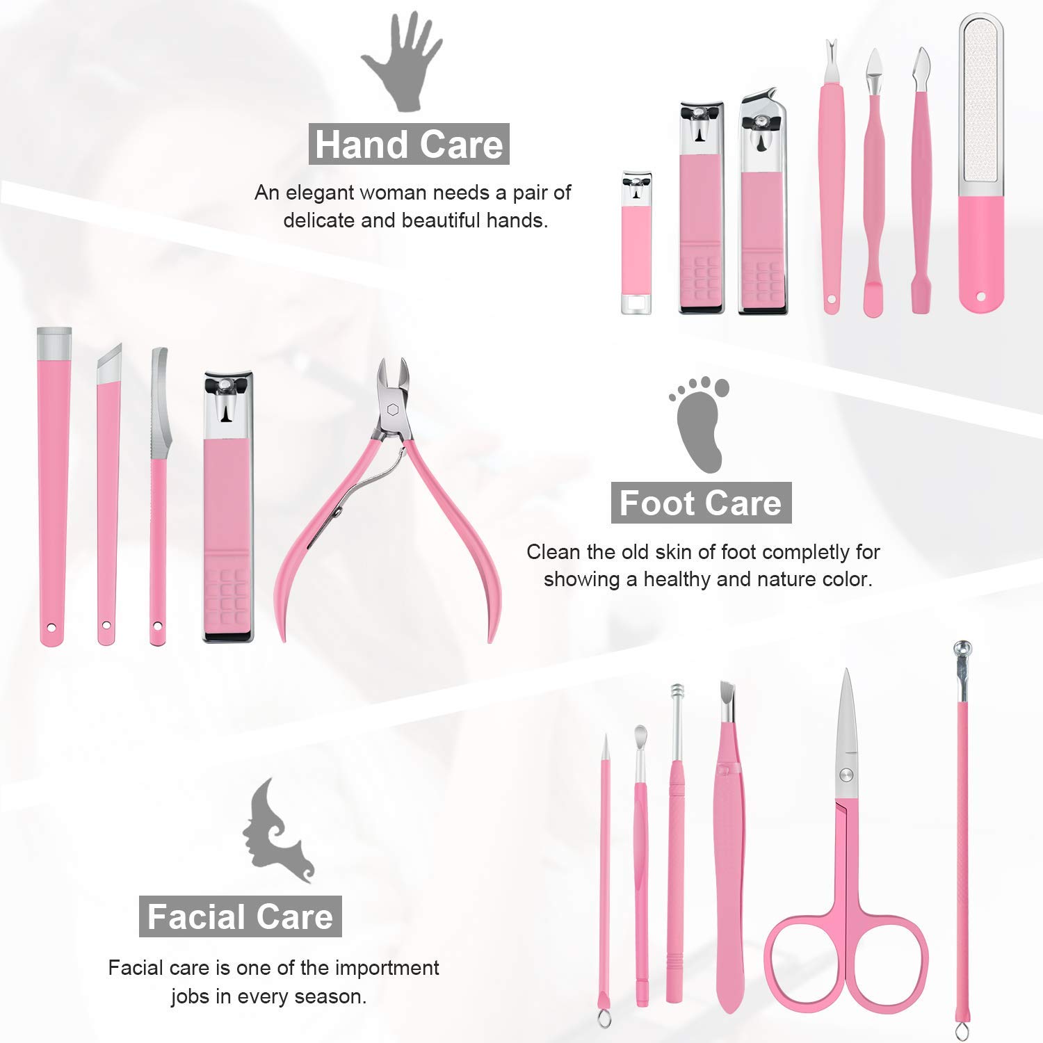Manicure Set Professional Nail Clippers Kit Pedicure Care Tools- Stainless Steel Men and Women Grooming Kit 18Pcs for Travel or Home (Pink) : Beauty