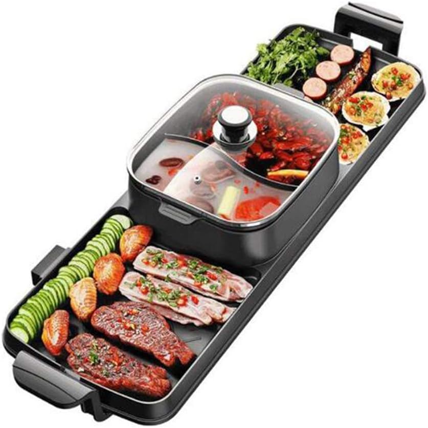 AWLLY Household Electric Grill Multifunction One-Piece Pot Five Files Temperature Adjustment No Fumes Not Sticky Easy to Clean Separate Design 2200W