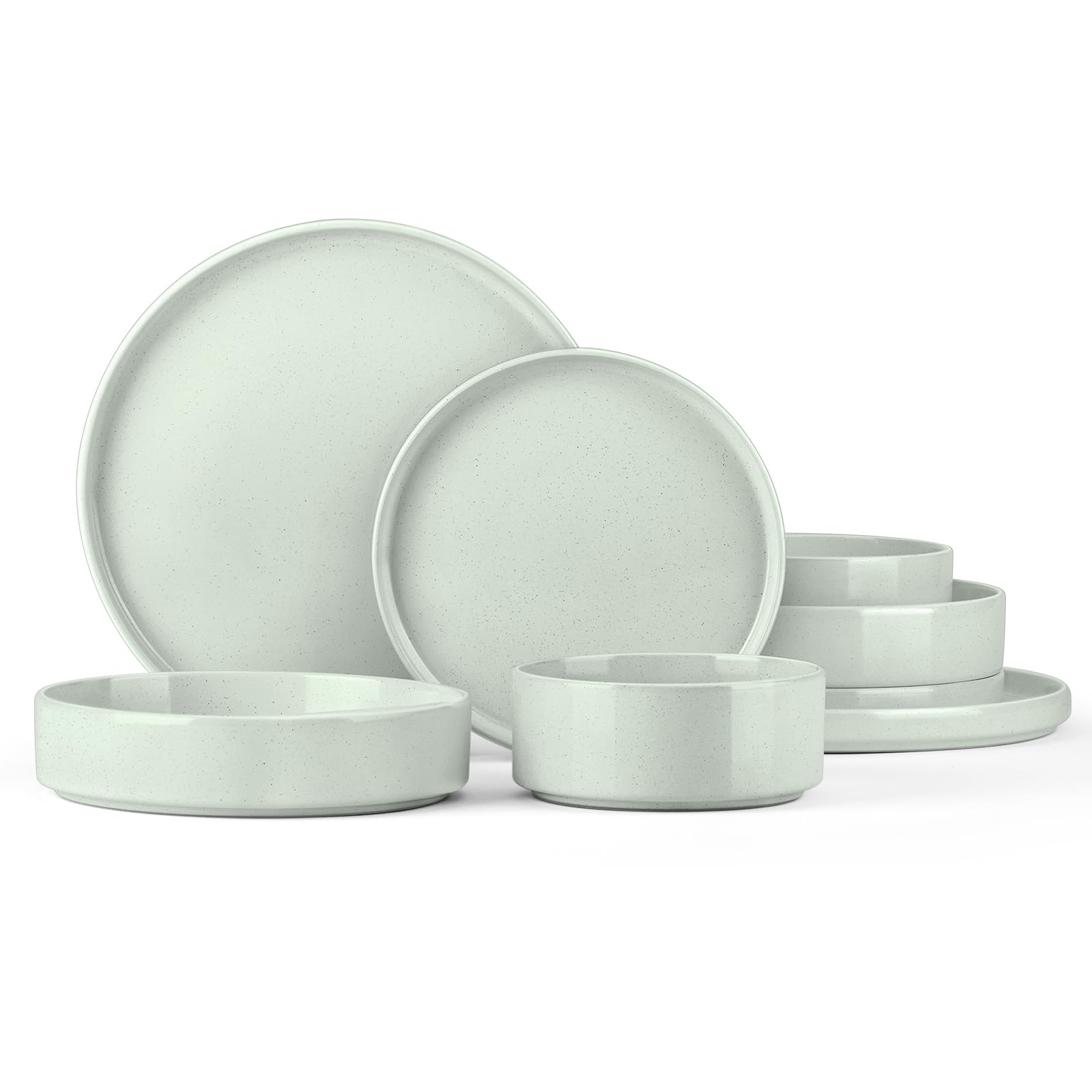 Photo 1 of Onader Stoneware Dinnerware Sets, 8 Piece Plates and Bowls Dishes Sets for 2, Speckled Kitchen Dishware Dining Ware with Double Bowl – Pale Sage Green