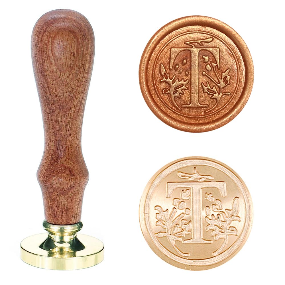 Poemluve Wax Seal Stamp Alphabe Letters T 25mm Initials Vintage Sealing Wax Stamps Brass Head with Removable Wood Handle for Scrapbooking, Wedding Invitation, Gift Wrap, Envelope (Letter T)