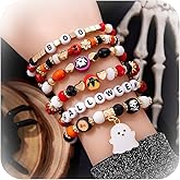 CLOORDE 6 Pcs Halloween Bracelets for Women Stackable Stretch Boo Ghost Bracelets Bat Pumpkin Skull Beaded Bracelets Spooky Halloween Party Jewelry Gifts for Her
