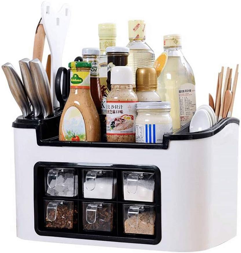 KINGSUNG Spice Rack Cutlery Holder Tray Knife Block Multifunction Kitchen Countertop Storage Organiser for Spice Cutlery Knives Sauces Bottles with Seasoning Box
