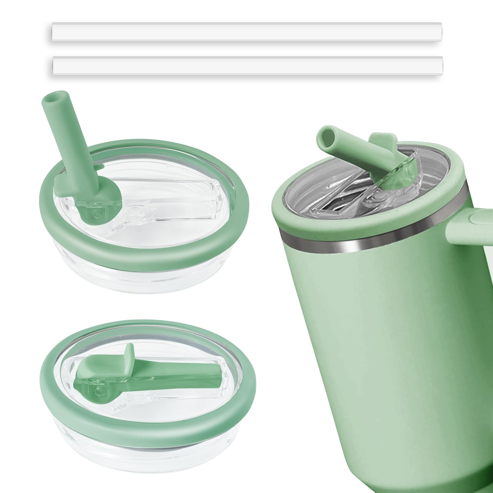 2pcs Leakproof Lid with Straw for Stanley Replacement,No-Spill Cup Lids for Stanley Quencher,Tumbler Flip Straw Lid for Stanley Accessories (MistGreen, 40oz) — image 1