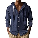 QOSOQ Linen Shirts for Men Casual Long Sleeve Button Down Shirts with Pocket Hoodies Shirt Lightweight Fashion Tops Vacation Navy