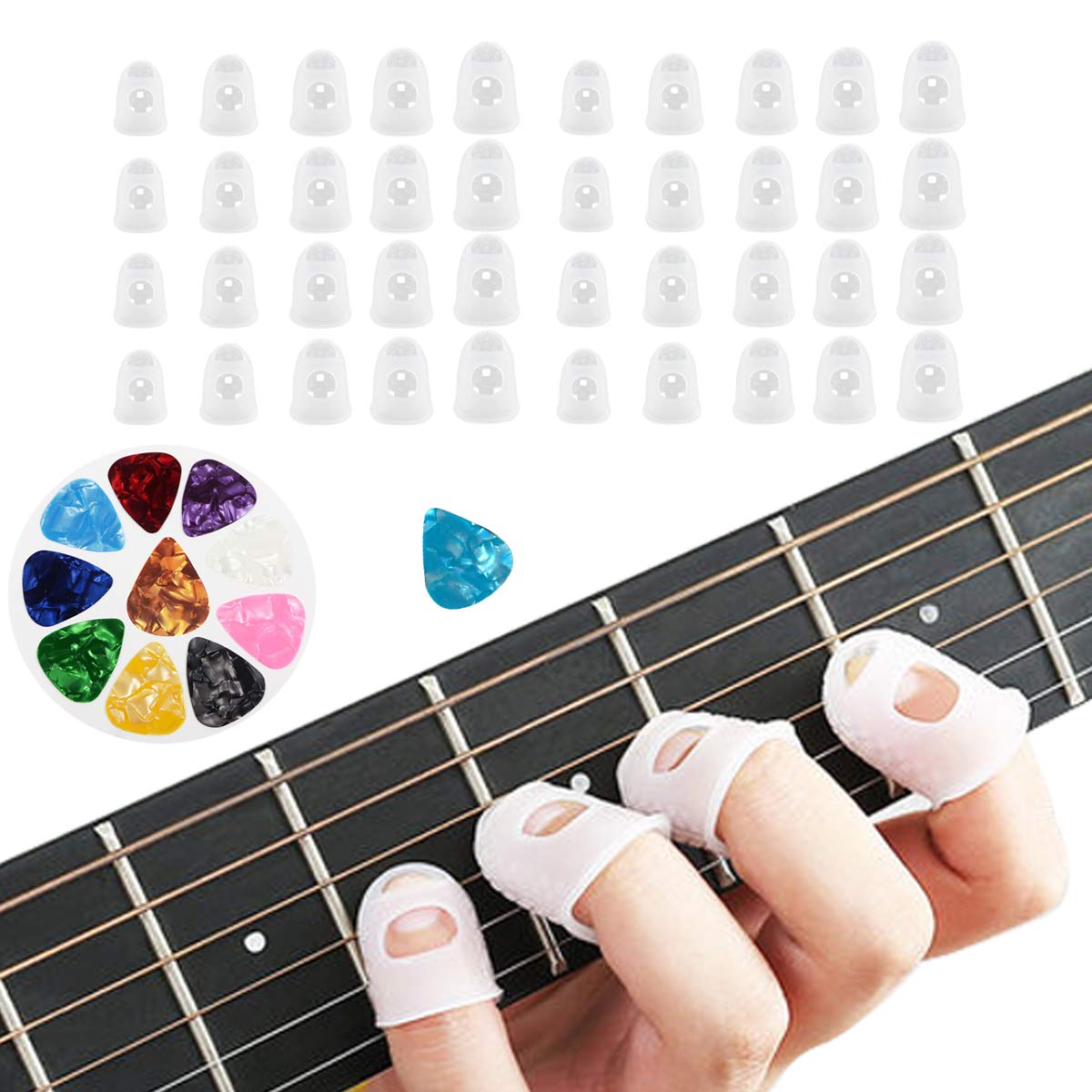40 Pcs Guitar Fingertip Protectors, Silicone Guitar Finger Guards, Guitar Fingertip Protection, Covers Caps for Stringed Instruments Like Guitar, Ukulele, Bass, Sewing and Embroidery (5 Sizes)