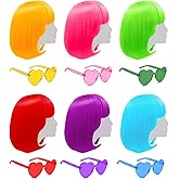LIULIUBTY Short Bob Colors Wigs with Bangs, 6Pcs Cosplay Wig with Heart Sunglasses for Halloween Bachelor Party Decorations