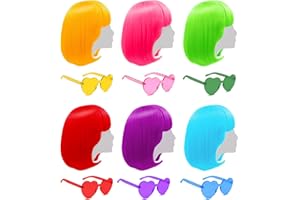 LIULIUBTY Short Bob Colors Wigs with Bangs, 6Pcs Cosplay Wig with Heart Sunglasses for Halloween Bachelor Party Decorations