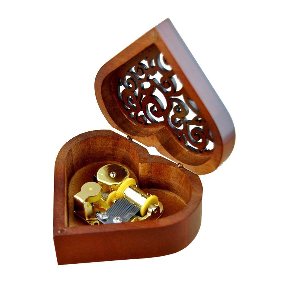 WESTONETEK Heart Shape Vintage Wood Carved Mechanism Musical Box Wind Up Music Box Gift For Christmas/Birthday/Valentine's day, Melody Cannon in D Major