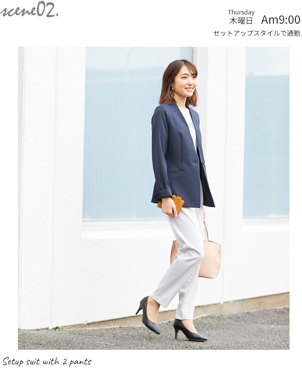 Amazon Nissen ニッセン 長袖 洗濯機洗いok レディーススーツ レディーススーツ 2パンツスーツ3点セット ノーカラー ジャケット 色違いテーパードパンツ2本 パンツスーツ 通販