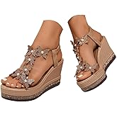 GHTYDD Butterfly Sandals for Women 2026,T-Strap Wedge Heels with Rhinestones Platform Thick Sole Transparent Elastic Ankle Strap Boho Open Toe Sandals for Beach Summer Dressy