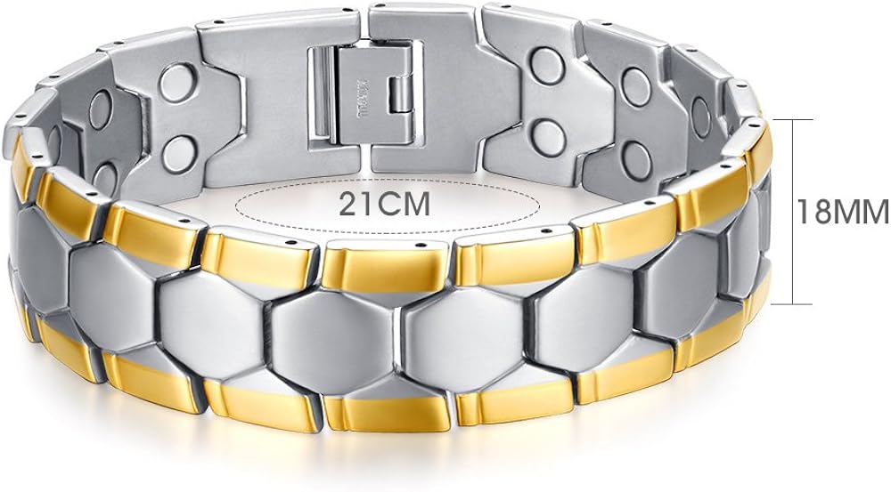 JFUME Magnetic Bracelets for Men 18K Gold Plated with Silver Double Row Magnets with Link Remove Tool 8.5" Adjustable - Image 3