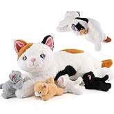 gnomantic 5 Pieces Cat Stuffed Animals with Babies Inside Belly - 1 Mommy Stuffed Cat with 4 Kittens - Stuffed Kitty Plush Toys for Kids Age 3-8, Gifts Ideal for Christmas, Valentine's, Birthday