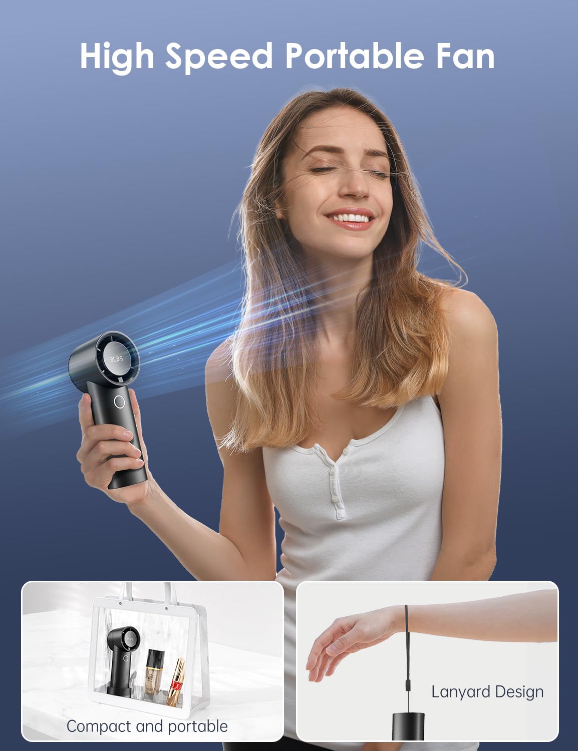 BLBS Portable Handheld Fan 15000RPM High-Speed Turbo Personal Mini Fan, 14Hrs 6000mAh Rechargeable Hand Fan, 4 Speeds Electric PortableFan with Base & Lanyard, Beach Face Fans for Men Women Kids Gifts