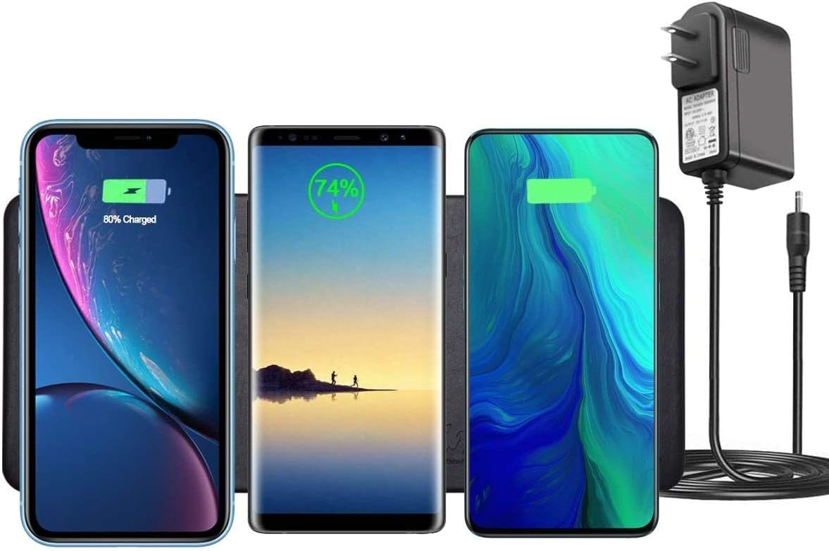 Wireless Charging Pad (3×10W), Leather Wireless Charging Station for Multiple Devices Compatible iPhone 12/12 Mini/12 Pro Max/11/SE 2020/11/XR, Galaxy Series, Airpods Pro (Adapter incloud)