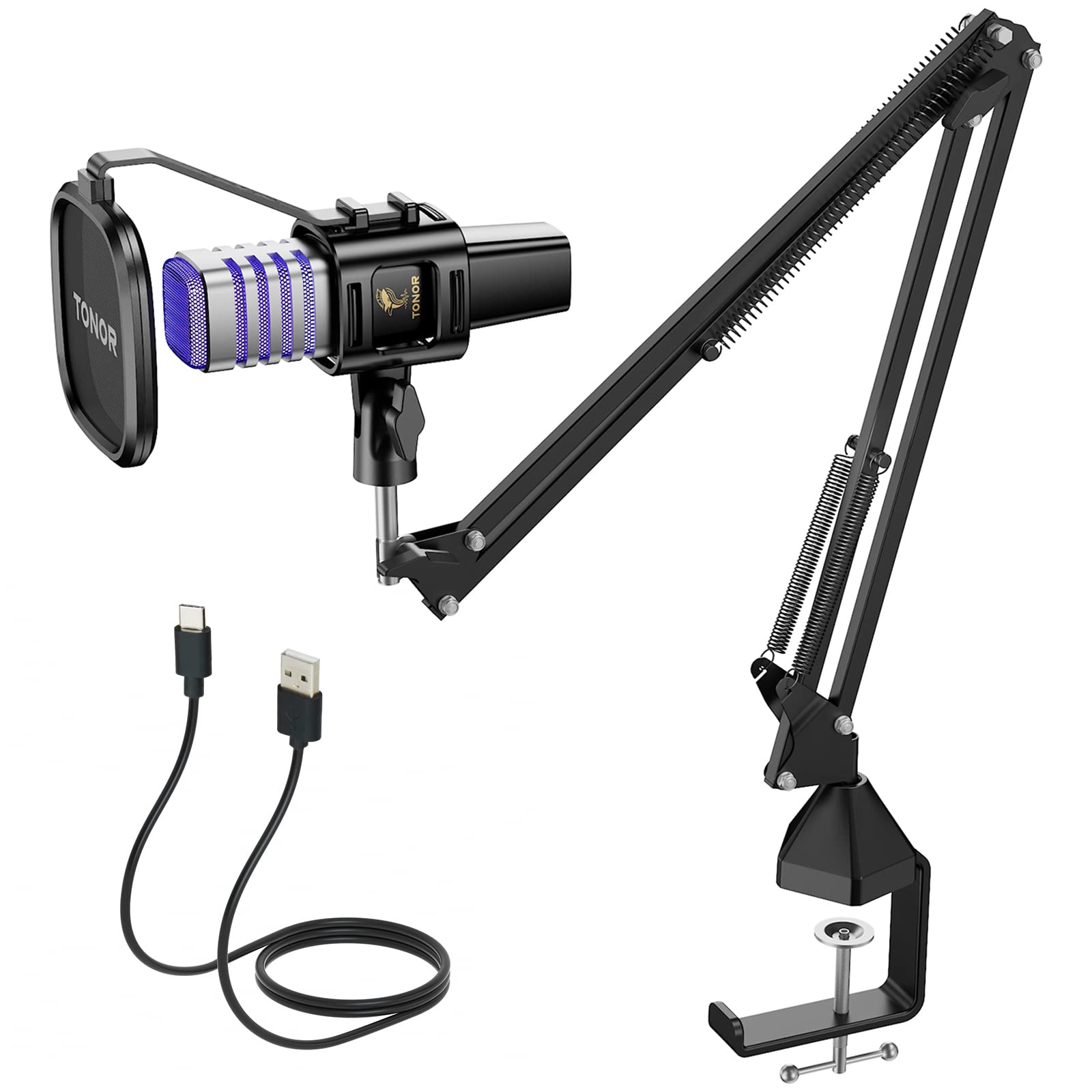 TONOR RGB USB Microphone, Cardioid Condenser Computer Mic, for Conference, Gaming, Streaming, Podcast, Chatting, Compatible with Laptop, PC, 200 cm Cable, with Boom Arm, RGB, TC30S+