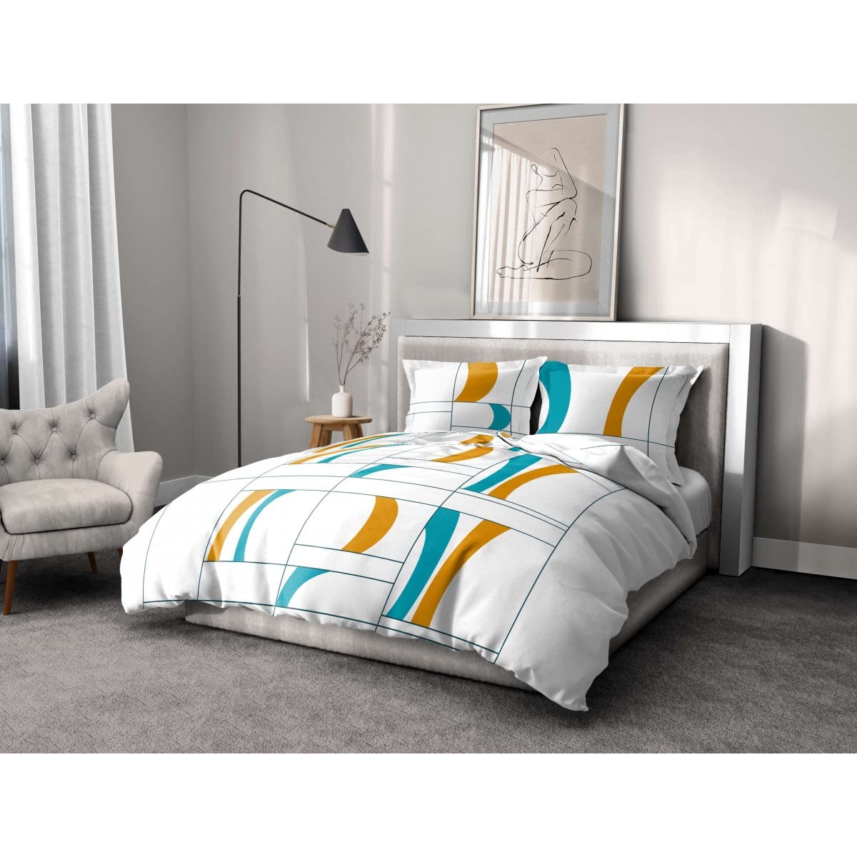 Home Linge Passion | Duvet Cover - 3 Pieces | 100% Cotton - 57 Thread Count | 2 People - 240 x 260 cm | Atoll Turquoise-Orange