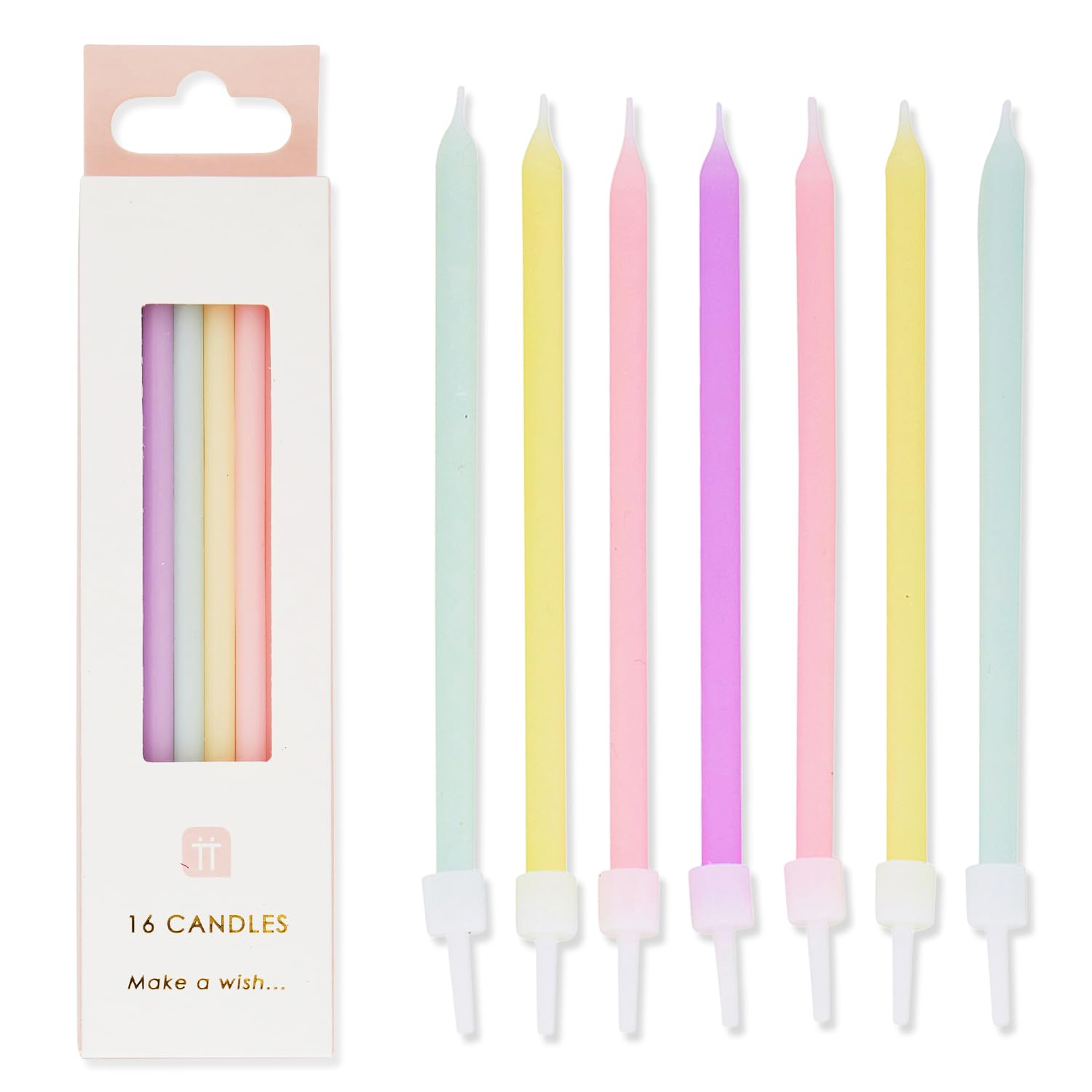 Pack of 16 Rainbow Pastel Birthday Candles with Holders | Tall Thin 10cm | Cake Decorations for Birthdays, Baby Shower, Easter, Girls Party, Daughter, 16th, 18th, 21st