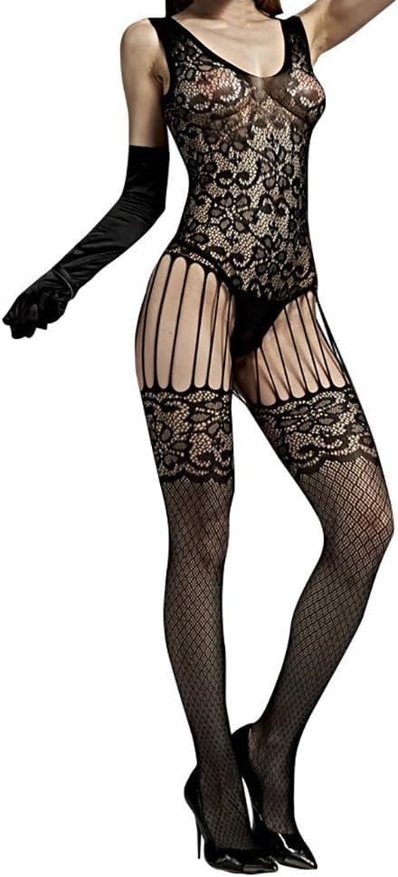 Women's Sexy Siamese Lingerie Floral Mesh Perspective Body Stockings Black Leotard