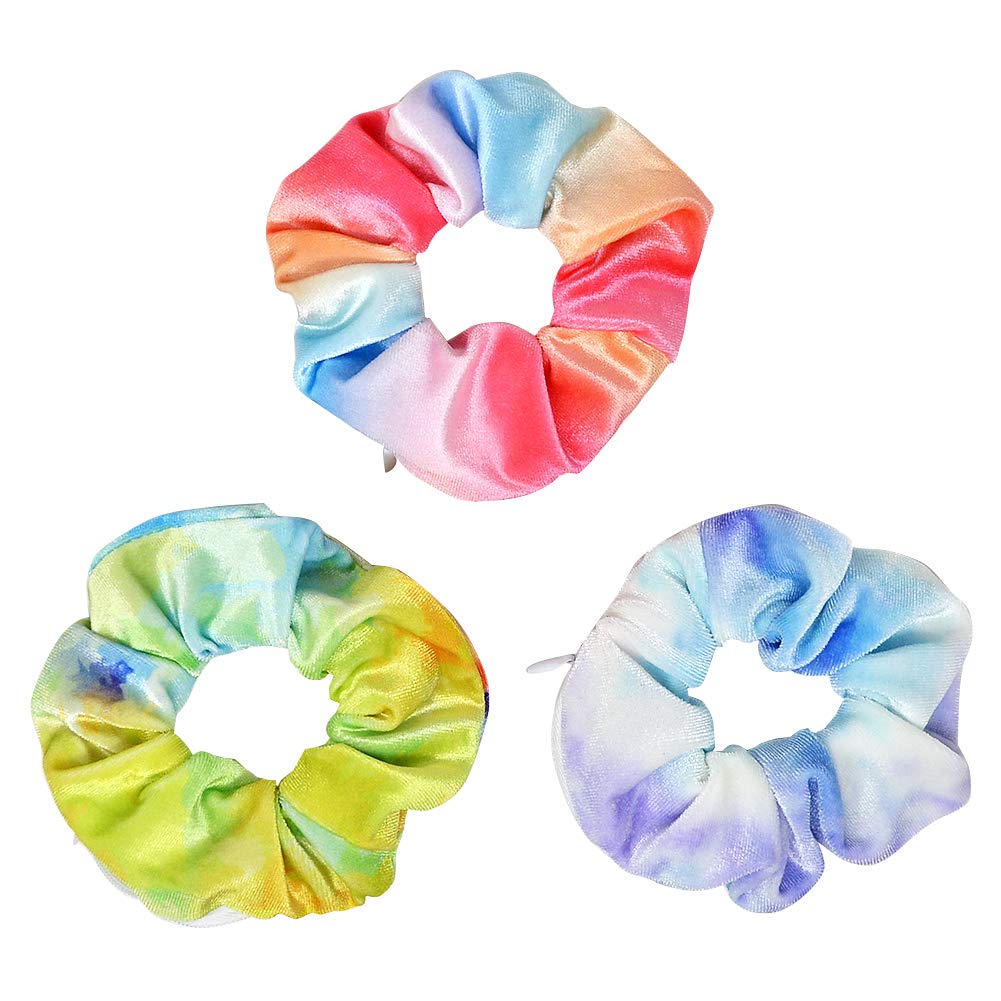 Velvet Hair Tie Scrunchies for Girls & Women - Original Hidden Pocket Scrunchie with Zipper Pocket Storage for Accessories, Small Items, Keys, Money (3-Pack-C)