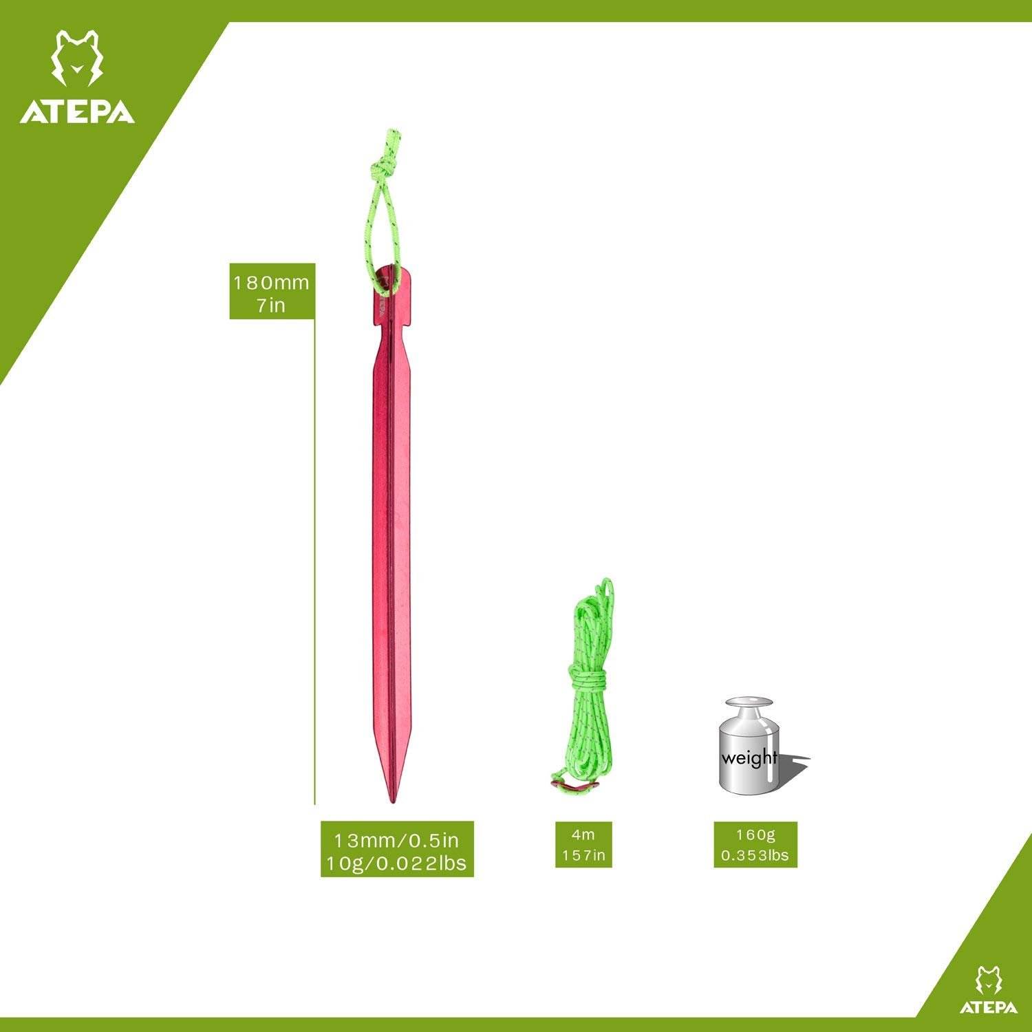ATEPA Aluminum Outdoor Tent Kit with 10 Tent Stakes Attached Reflective Pull Cords And 4 Pieces Reflective Guy Ropes Attached Guy Line Adjuster