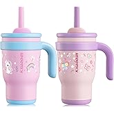 KXIAOCHEN 14 oz Kids Tumbler with Handle for Spill Proof Insulated Stainless Steel Reusable Tumbler for Toddlers, Keeps Drinks Cold up to 24 Hrs,Unicorn+Butterfly2P