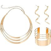 CXENSJH Gold African Statement Jewelry Set for Women Gold Choker Necklace Long Dangle Earrings Wide Cuff Bracelect African Costume Jewelry Set