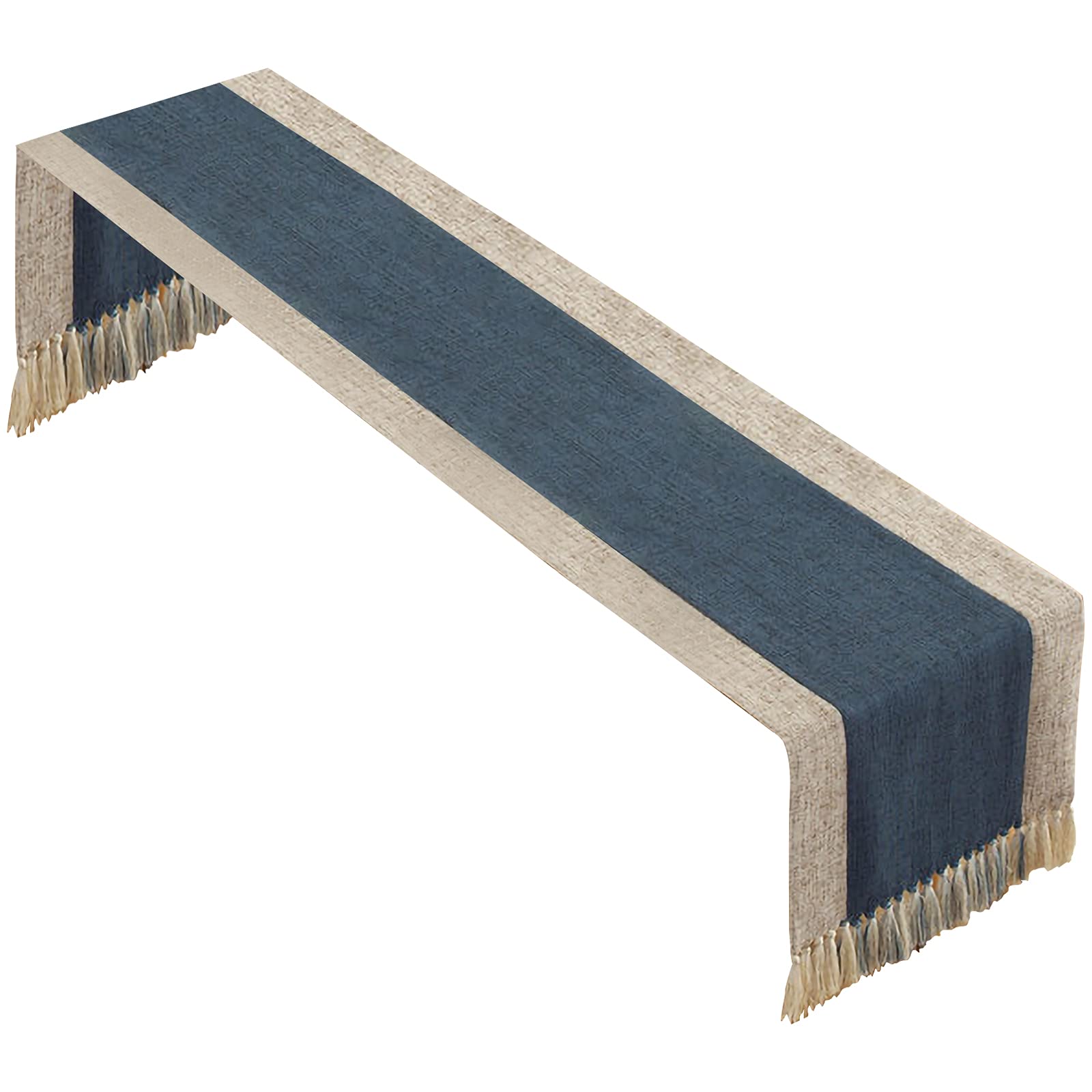 rismart Cotton Linen Tassels Table Runner for Dinning Dresser Table Navy Beige,38 x 220 cm