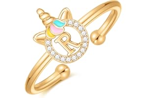 CIVOKINA Dainty Initial Unicorn Rings for Girls Gifts, 14K Gold Plated/Rose Gold/Silver Unicorn Rings for Girls Cute Initial Toddler Ring Hypoallergenic Adjustable Letter Rings for Teen Girls Gifts
