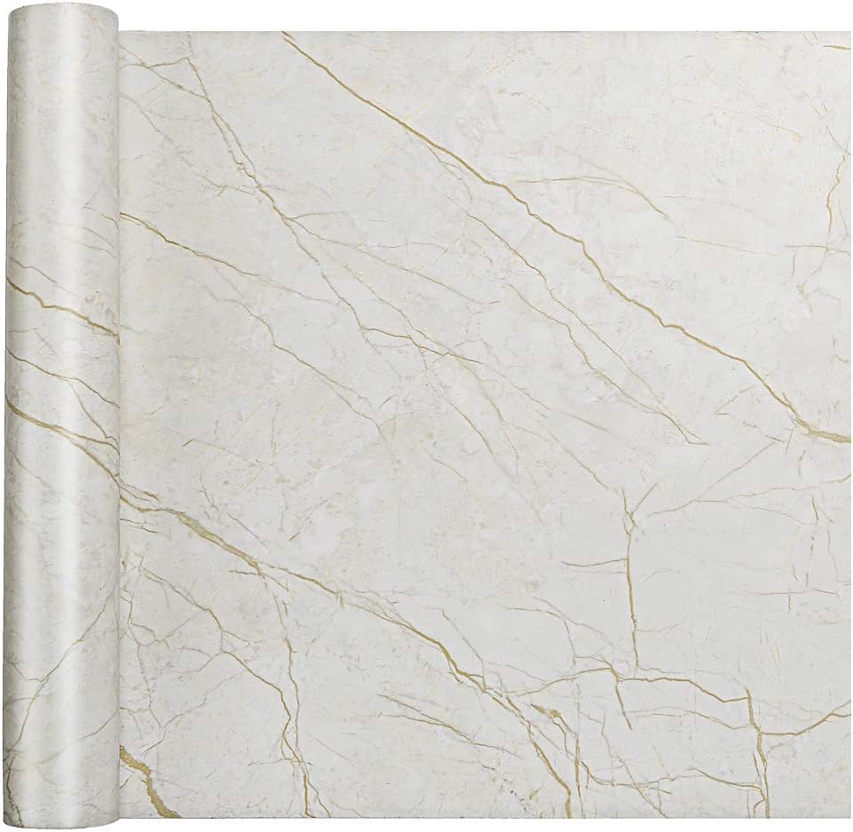 Homein Marble Paper Golden Beige Self Adhesive Decorative Matte Granite Vinyl Furniture Stick Paper Waterproof Removable Peel and Stick Wallpaper Thick Roll for Countertop Cabinet Bathroom 11.8x59inch