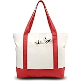 TOPDesign 1-Pack Canvas Tote Bag with an External Pocket, Reusable Grocery Shopping Bag, Top Zipper Closure, Daily Essentials (Red/Natural)